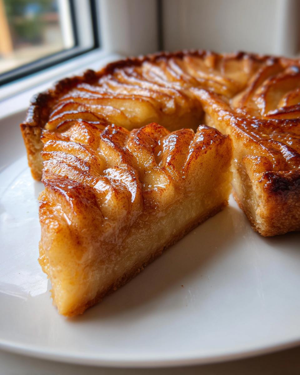 A close-up of a thick slice cut from a beautiful, glazed apple tart, showing the fanned apple topping.