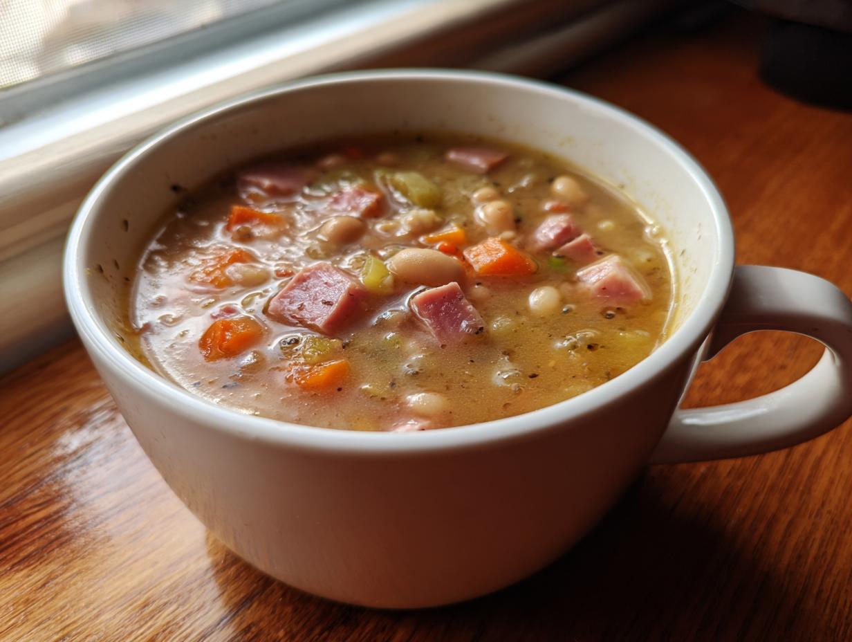Close-up of a white mug filled with thick, comforting bean soup containing ham chunks and diced carrots.