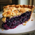Close-up of a thick slice of homemade blueberry pie recipe with a flaky crust and rich, juicy filling.