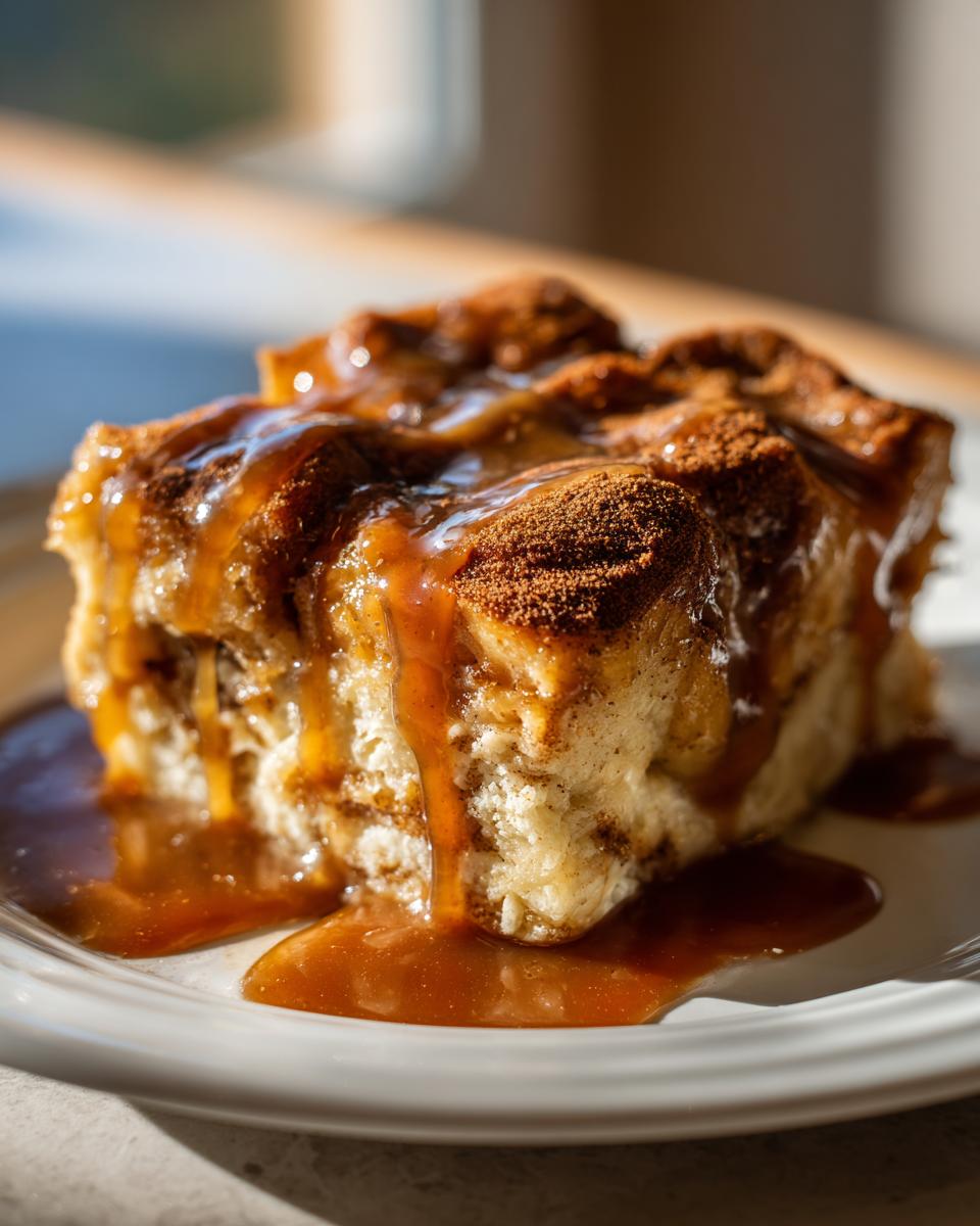 Close-up of a rich slice of bread pudding with bourbon sauce drizzled over the top and pooling on the plate.