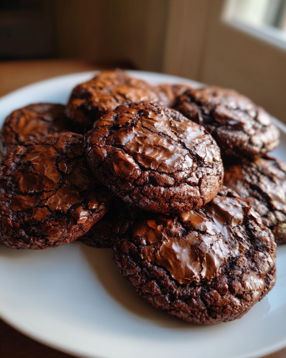 A close-up shot of several rich, dark brownie cookies piled on a white plate, showing their signature crackly tops.