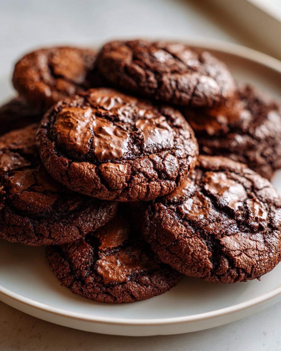 Close-up of several rich, dark, fudgy brownie cookies stacked on a light plate.