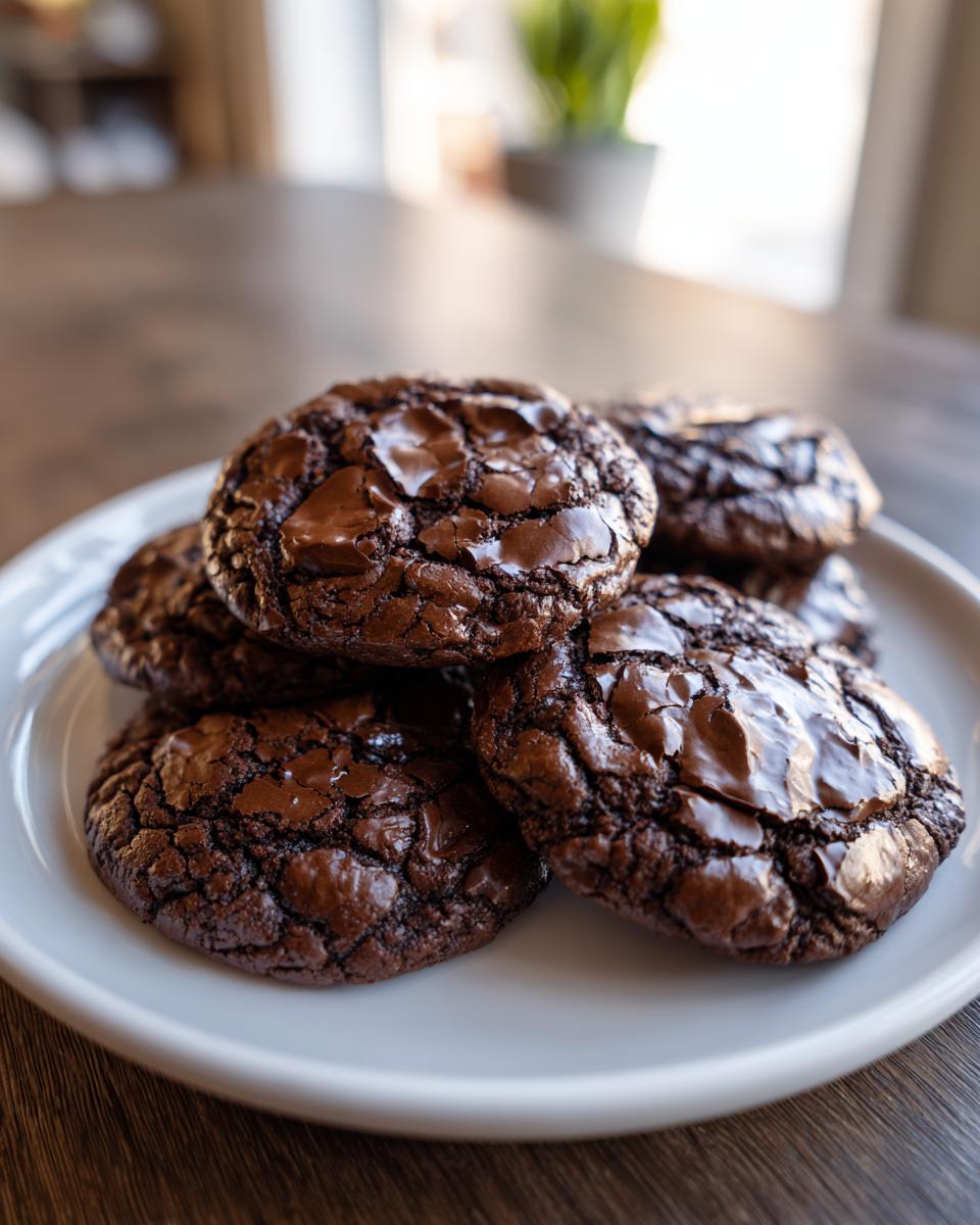 A stack of rich, dark brownie cookies featuring shiny, cracked tops, served on a white plate.