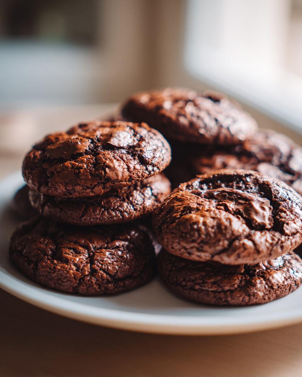 A close-up stack of freshly baked, fudgy brownie cookies with cracked tops on a white plate.