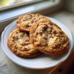 Close-up of three golden brown butter pecan cookies topped with visible pecan pieces, resting on a white plate.