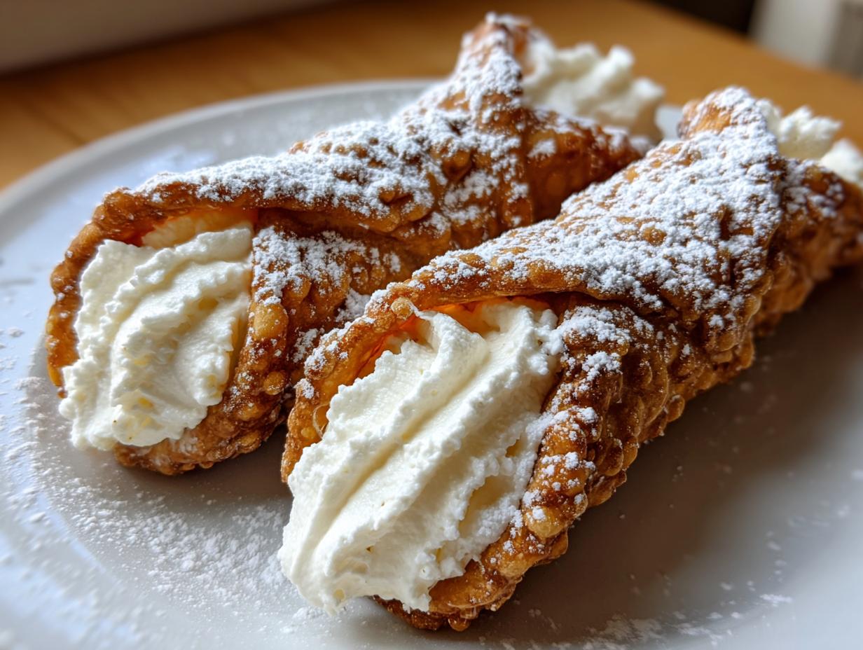 Two freshly filled cannoli recipe pastries, topped generously with powdered sugar, resting on a white plate.