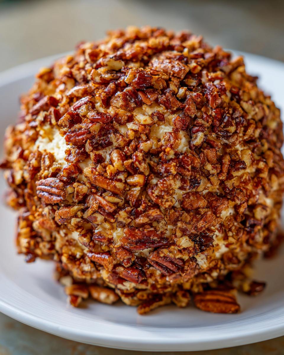 A close-up of a savory cheese ball recipe coated entirely in chopped, toasted pecans.
