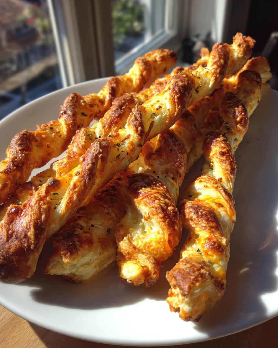 A close-up of several flaky, golden brown, twisted cheese straws piled on a white plate near a window.