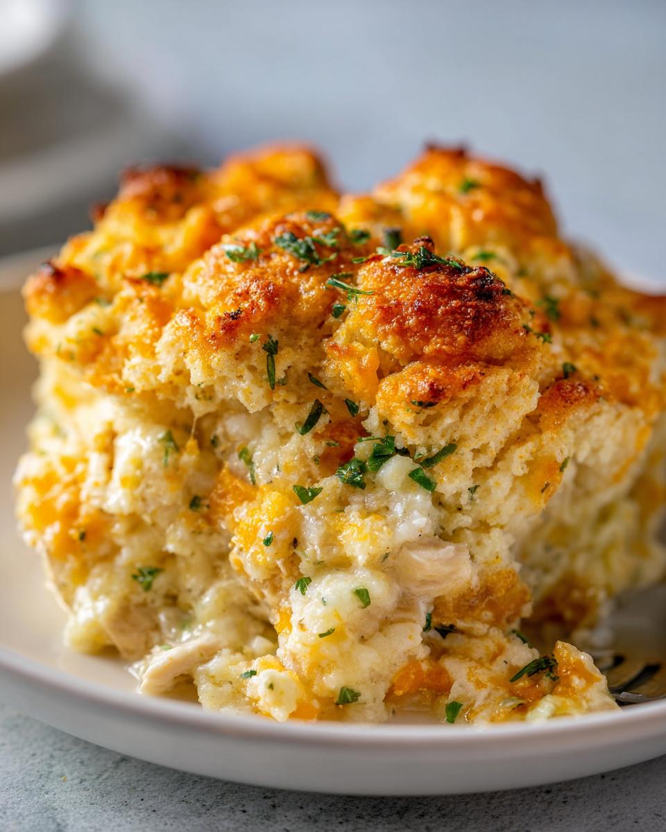 A close-up serving of creamy chicken cobbler with a golden, cheesy biscuit topping sprinkled with parsley.