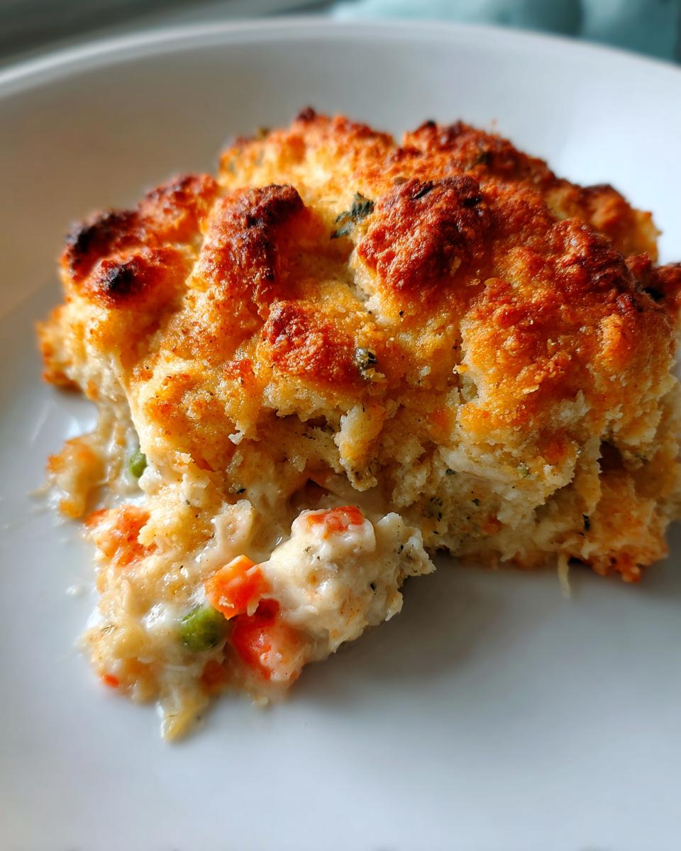 Close-up of a serving of amazing chicken cobbler with a golden, crusty topping and creamy filling with carrots and peas.