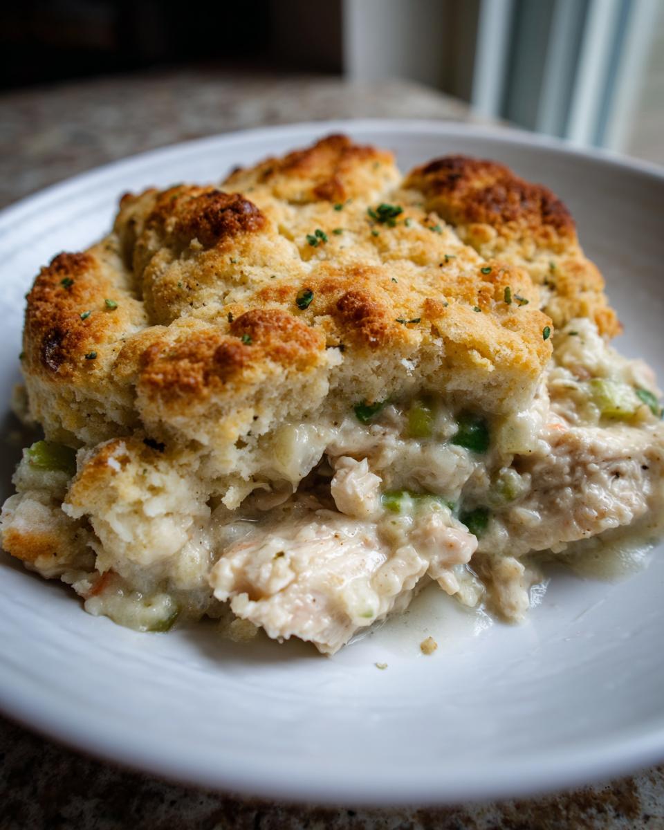 A close-up of a serving of amazing chicken cobbler with tender chicken and vegetables under a golden, fluffy biscuit topping.
