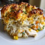 Close-up of a serving of amazing chicken cobbler showing shredded chicken, vegetables, and a golden, crusty biscuit topping.