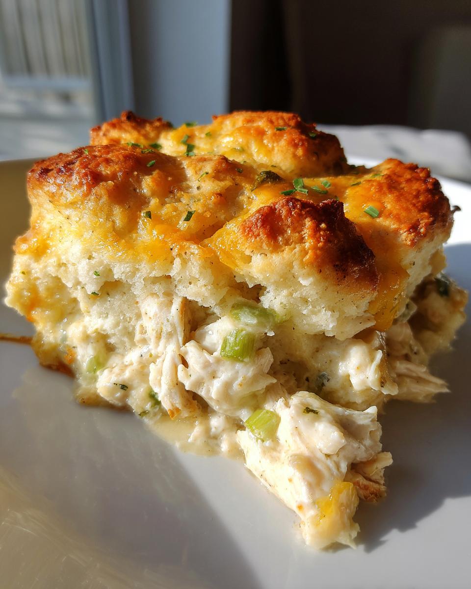 A close-up serving of amazing chicken cobbler featuring shredded chicken in a creamy sauce topped with golden, cheesy biscuits.