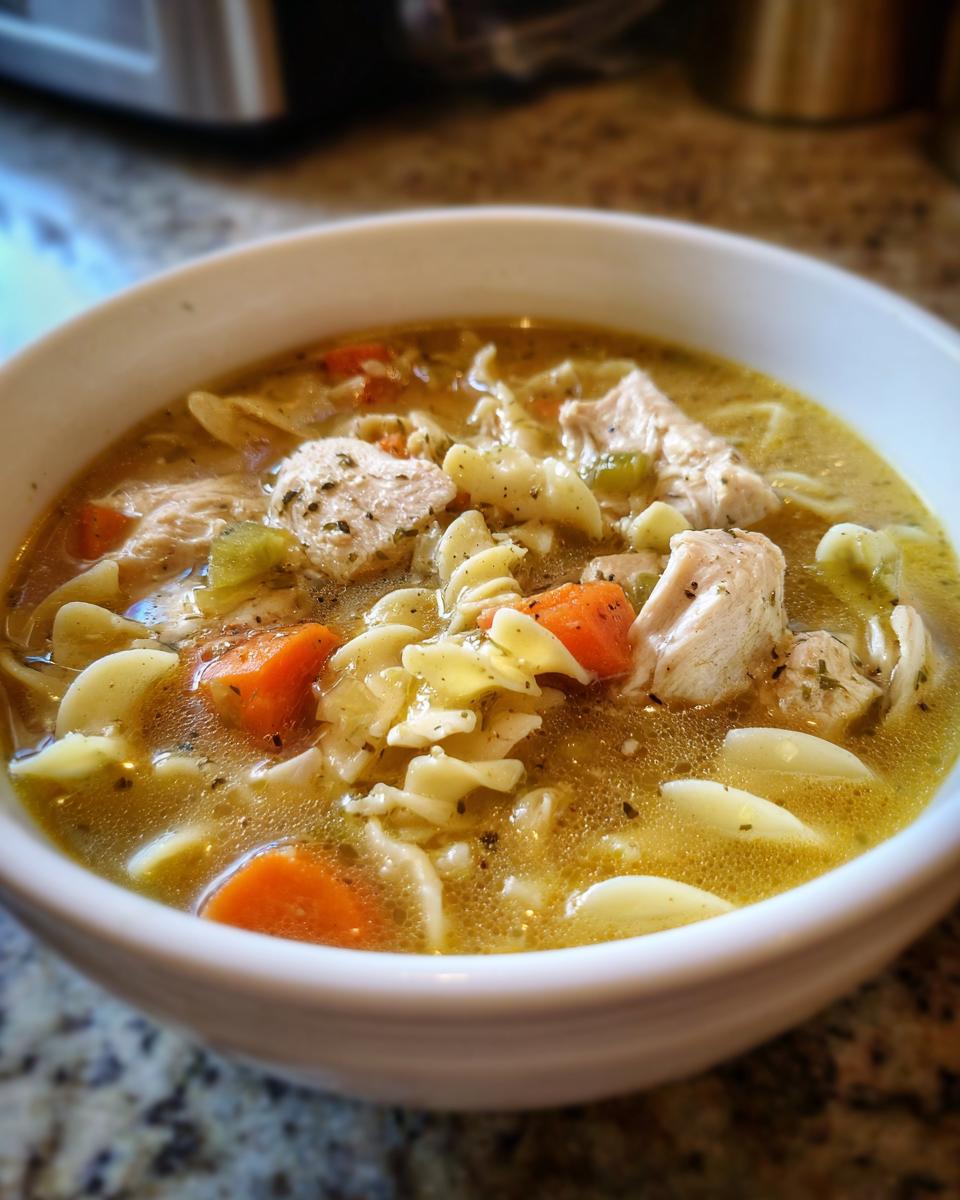 Close-up of a white bowl filled with amazing chicken noodle soup, featuring broth, chunks of chicken, carrots, and egg noodles.