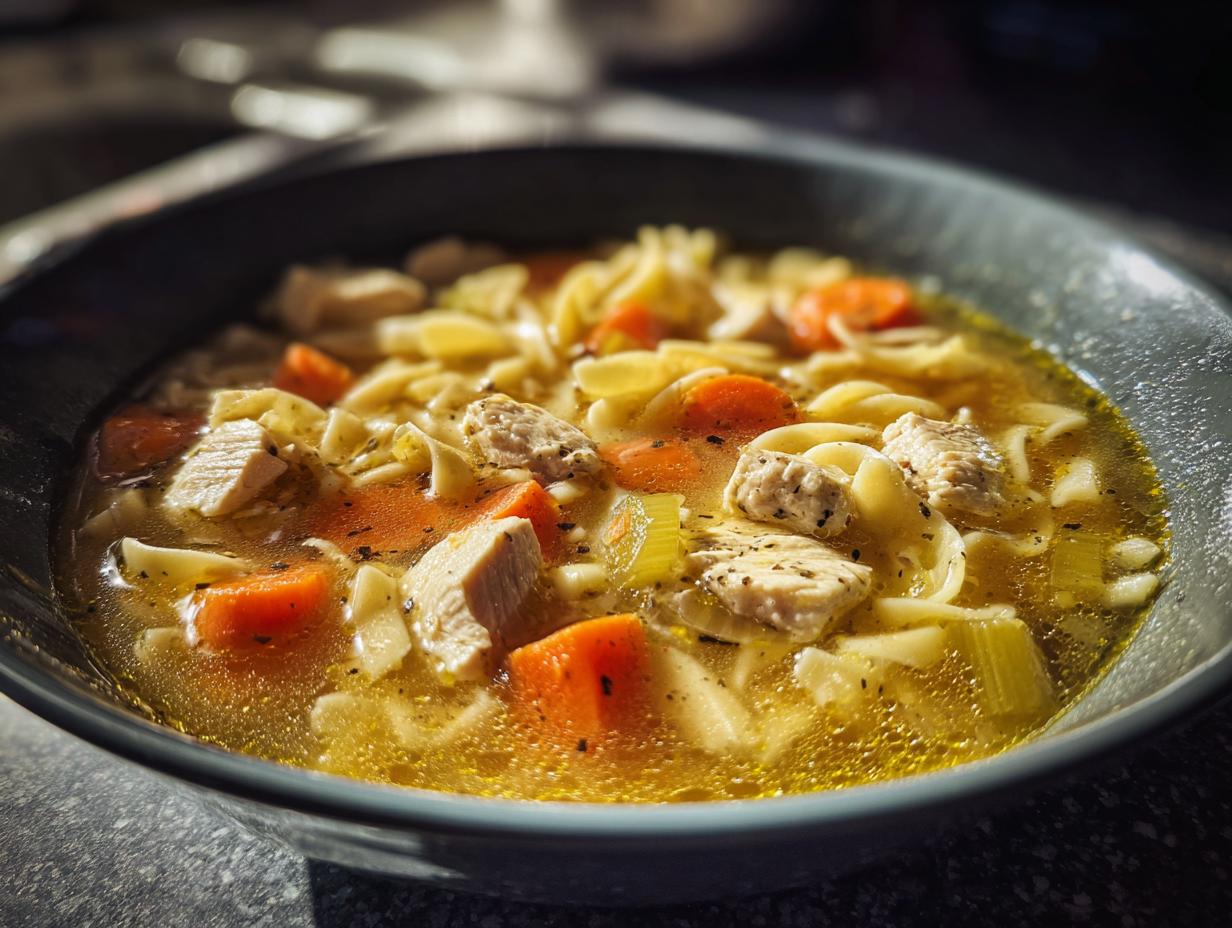 Close-up of a dark bowl filled with amazing chicken noodle soup, featuring broth, noodles, carrots, and chicken pieces.