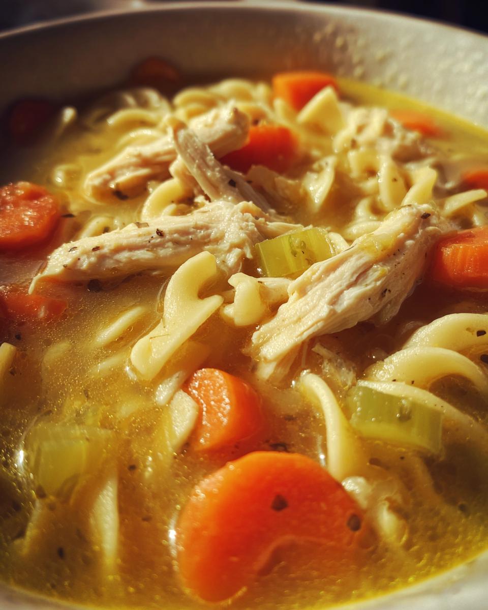 Close-up of a hearty bowl of amazing chicken noodle soup featuring shredded chicken, egg noodles, carrots, and celery.