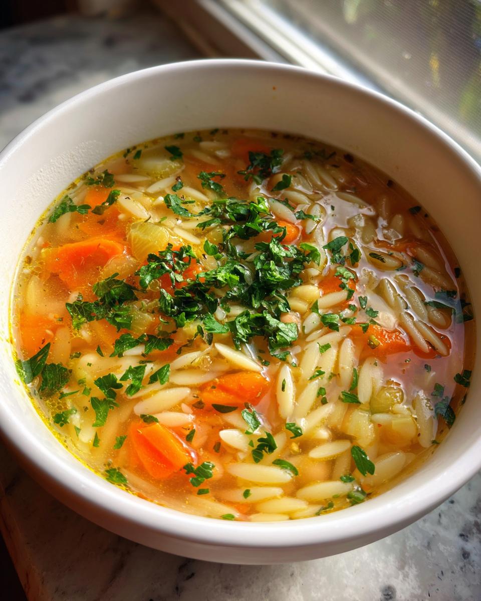 Close-up of a bowl of comforting chickpea soup featuring orzo pasta, sliced carrots, and fresh parsley garnish.