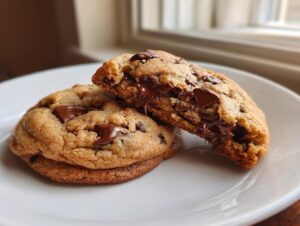 Close-up of two gooey chocolate chip cookies, one broken open showing melted chocolate.
