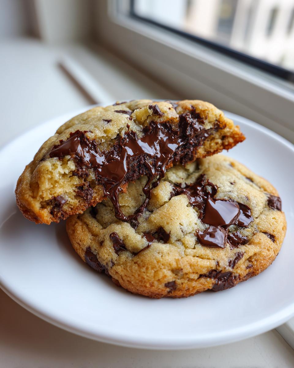 A close-up of two amazing chocolate chip cookies, one broken in half revealing a molten, gooey center.