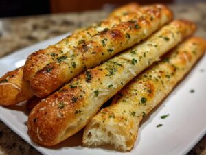 Close-up of several golden brown copycat breadsticks topped with melted cheese and fresh parsley, served on a white plate.