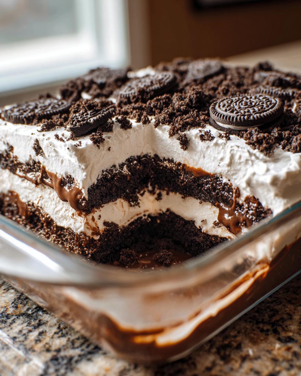 A serving dish showing a cross-section of amazing dirt cake with layers of chocolate, cream, and crushed Oreos on top.