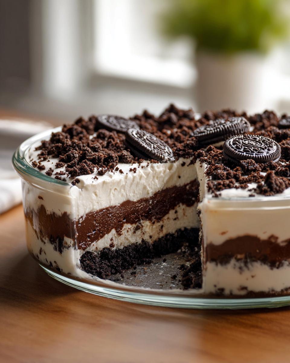 A cross-section view of a layered dirt cake in a clear glass dish, topped with crushed Oreos and whole cookies.