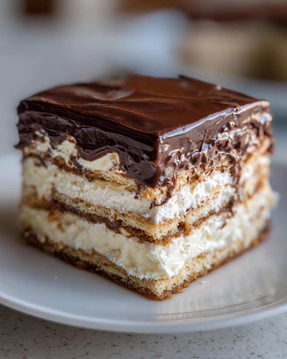 Close-up of a layered slice of eclair cake featuring cream filling, pastry layers, and a rich chocolate topping.