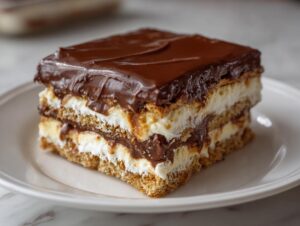 A decadent, layered slice of eclair cake featuring graham crackers, creamy filling, and rich chocolate frosting.