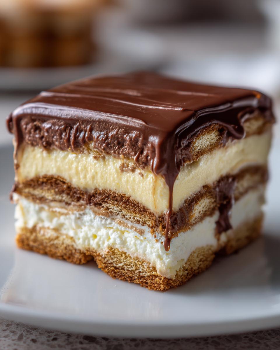Close-up of a layered slice of amazing eclair cake with vanilla cream, chocolate pudding, and chocolate glaze.