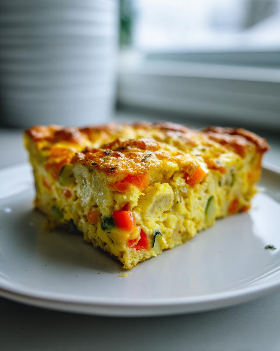A thick, golden slice of vegetable egg bake casserole with visible red peppers and zucchini on a white plate.