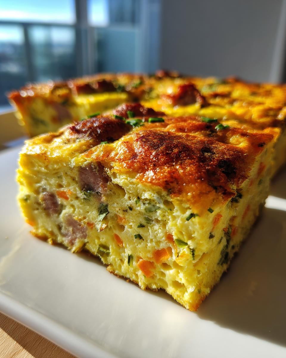 Close-up of a thick slice of savory egg bake casserole with visible chunks of meat, carrots, and chives.