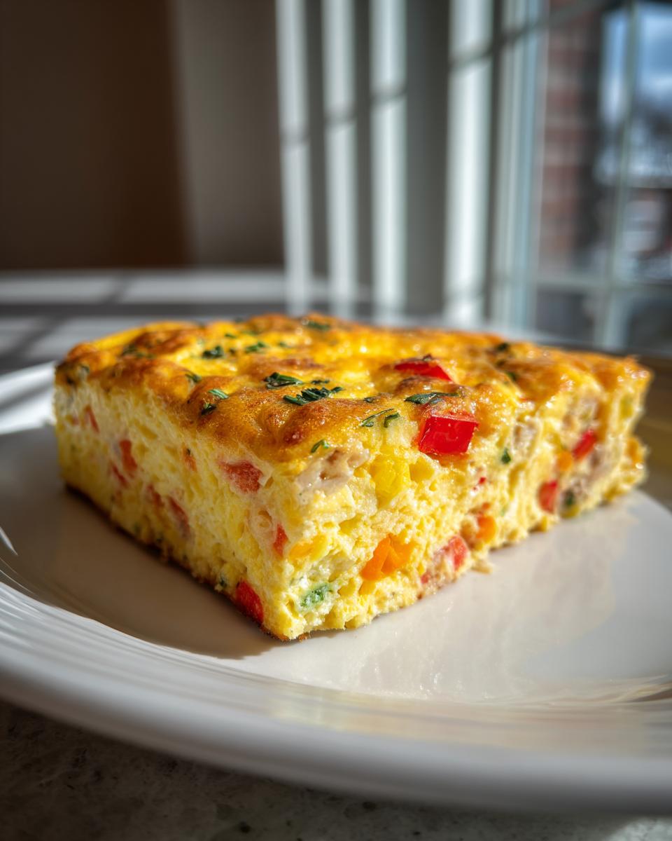 A thick, golden slice of vegetable egg bake casserole served on a white plate.