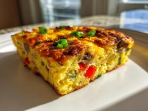 A golden-brown slice of a hearty egg bake casserole filled with peppers and mushrooms, garnished with green onions.