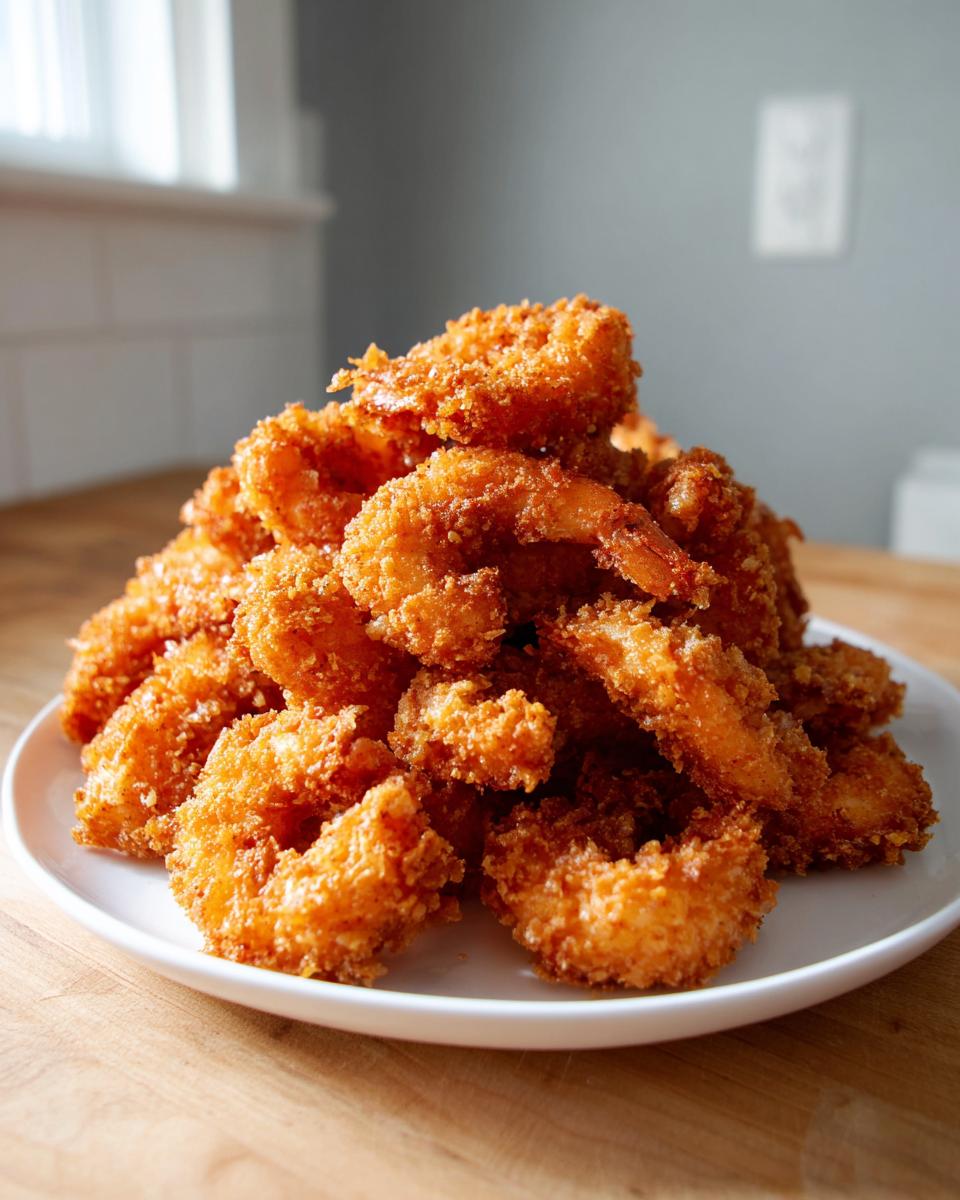 A large mound of golden brown, crispy fried shrimp piled high on a white plate.