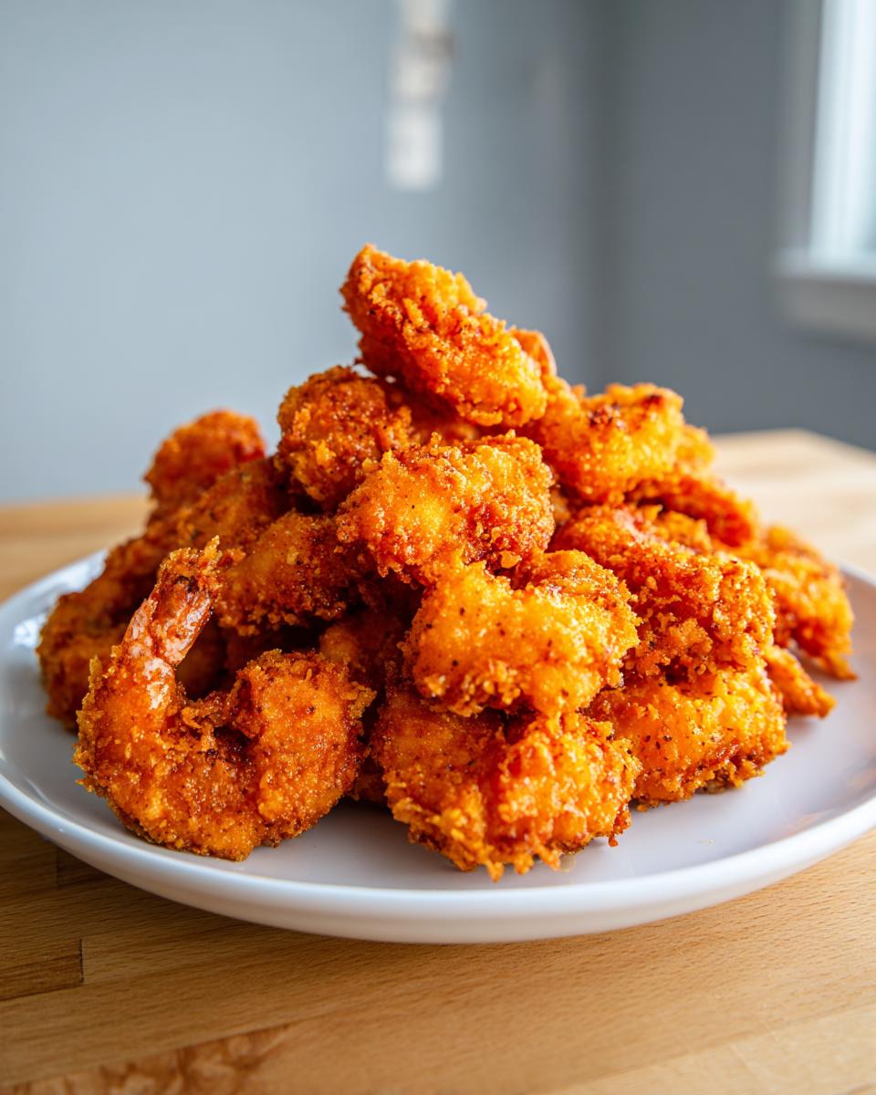 A generous mound of perfectly golden and crispy fried shrimp piled high on a white plate.