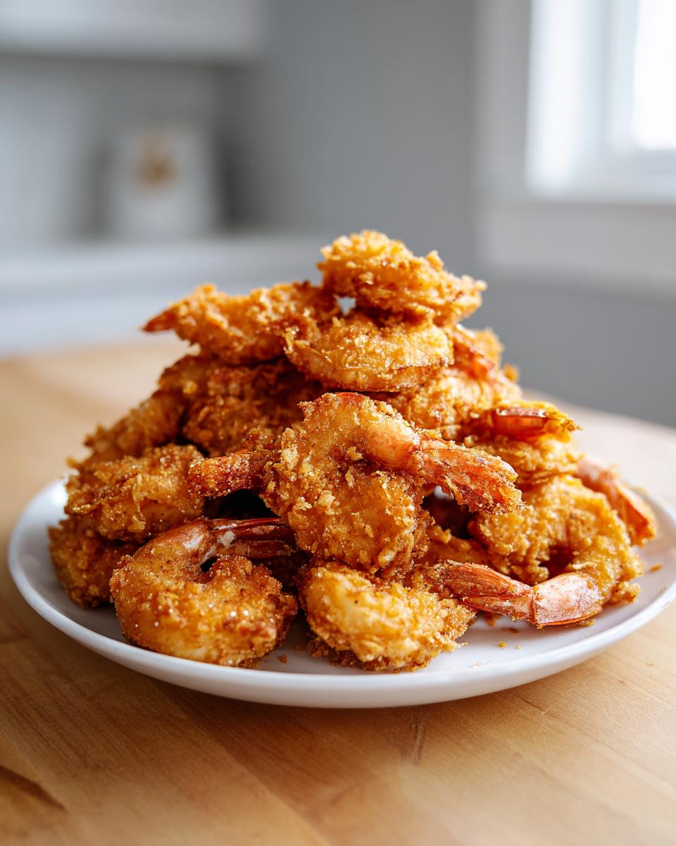 A tall pile of golden brown, crispy fried shrimp stacked high on a white plate.
