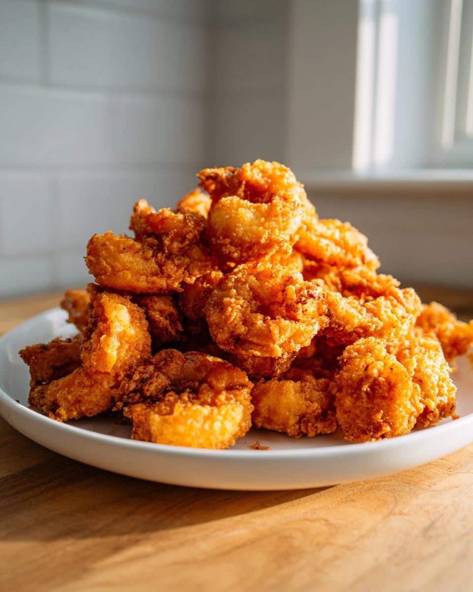 A generous pile of golden brown, crispy fried shrimp served on a white plate.