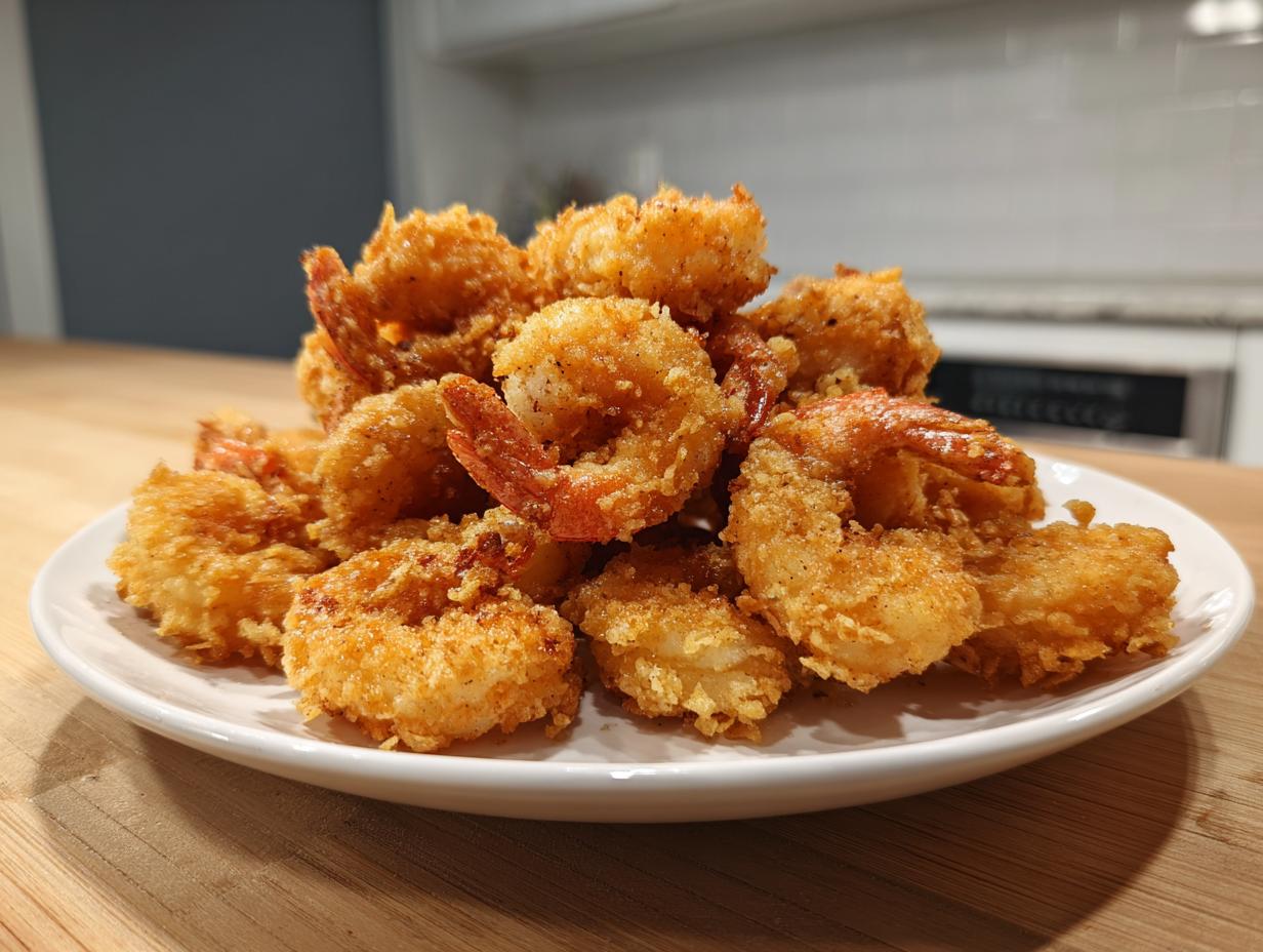 A generous pile of perfectly golden brown fried shrimp with tails on, served on a white plate.