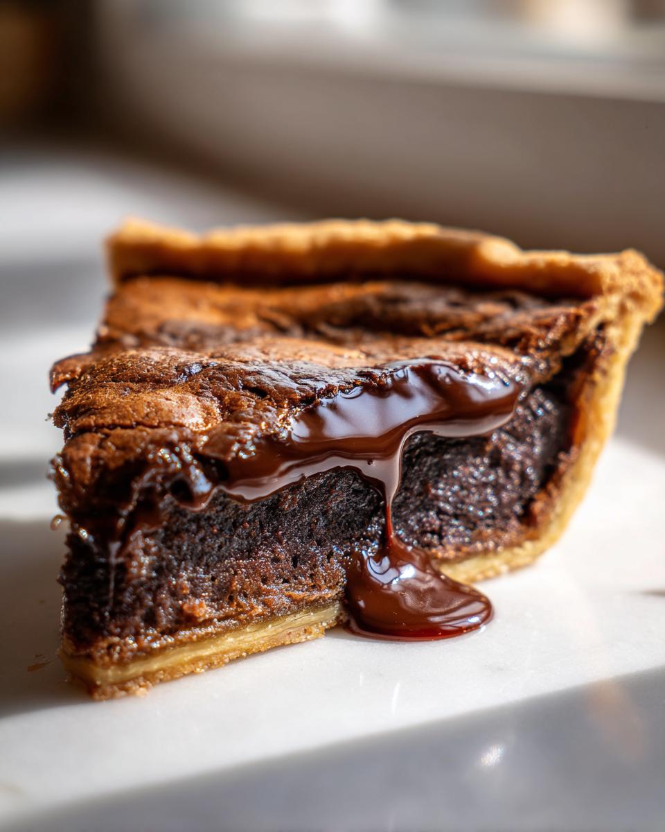 Close-up of a slice of amazing fudge pie showing a rich, dark, gooey center with melted chocolate sauce dripping down the side.