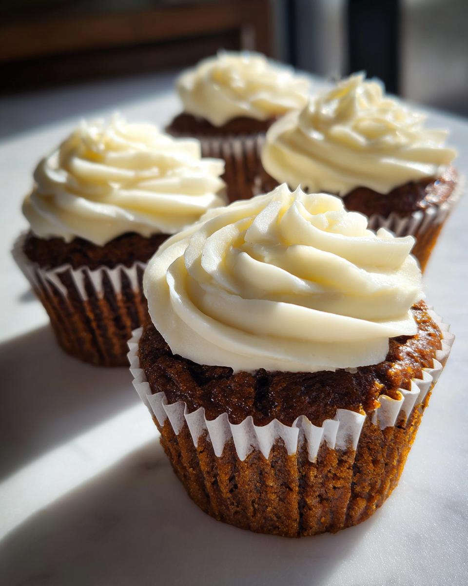 Four amazing gingerbread cupcakes topped with thick swirls of cream cheese frosting, sitting on a white surface.