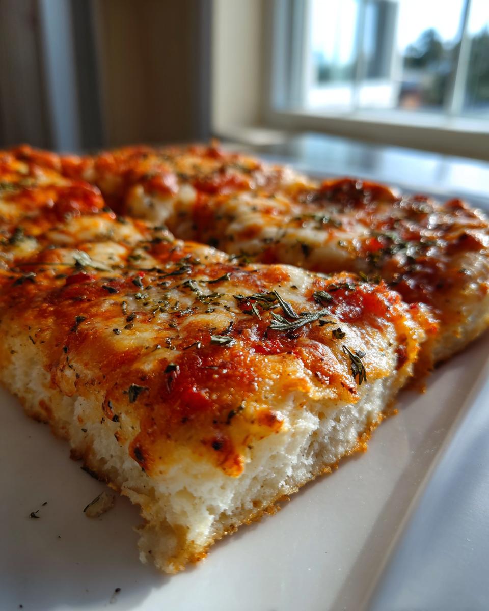 Close-up of a thick slice of keto pizza crust topped with melted cheese, red sauce, and herbs.
