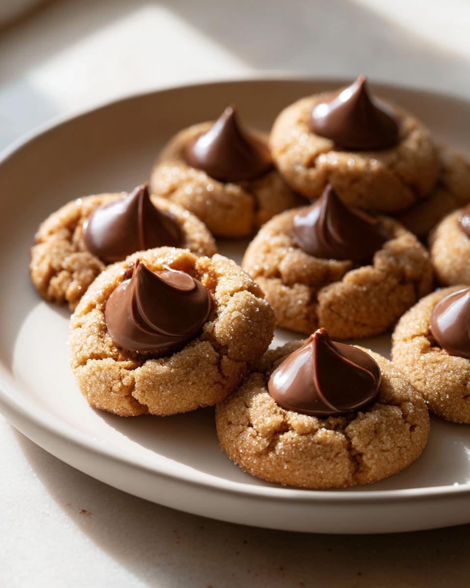 A plate of freshly baked peanut butter kiss cookies, each topped with a melted chocolate kiss.