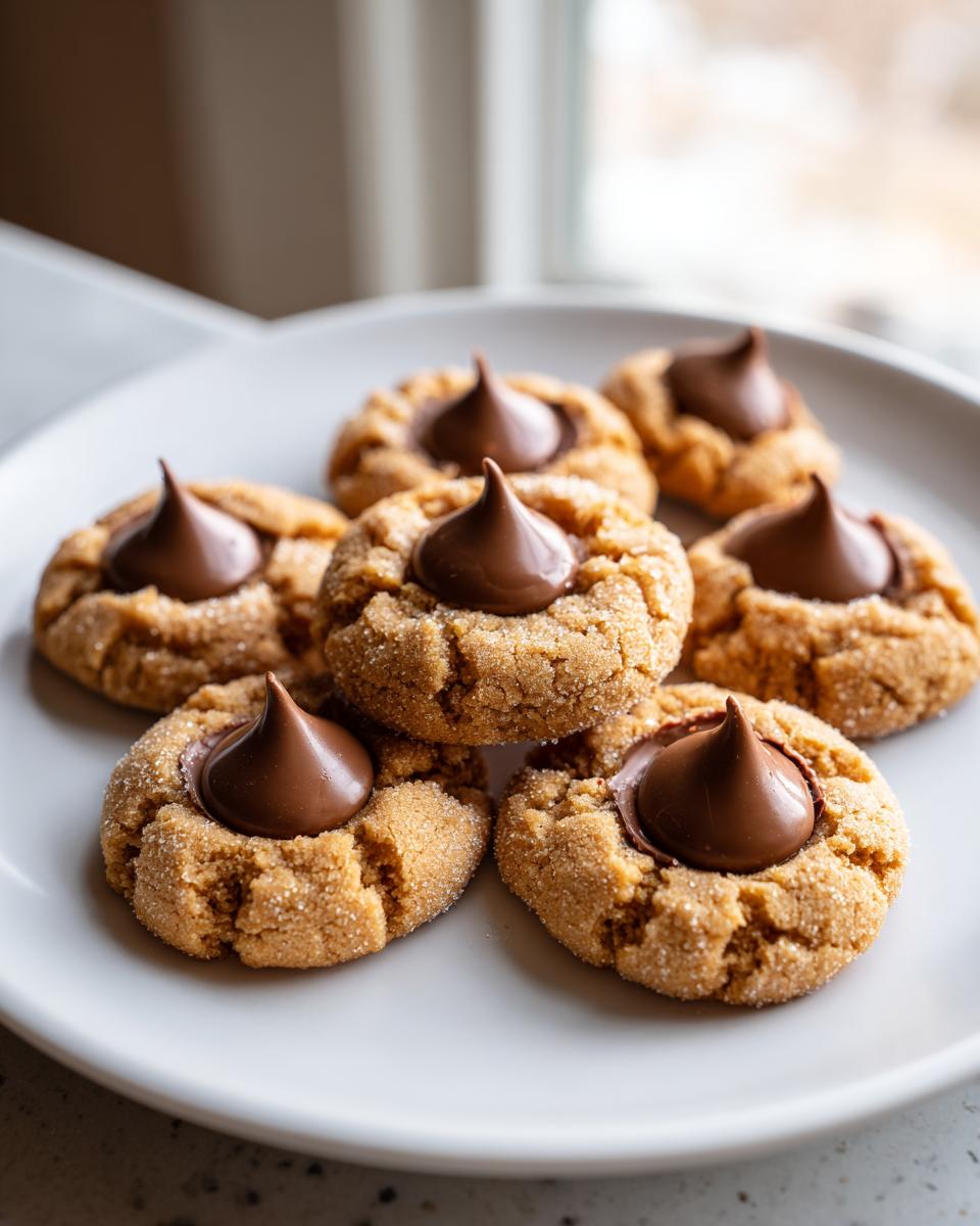A plate of freshly baked kiss cookies, featuring a chocolate candy pressed into the center of each sugar-coated cookie.