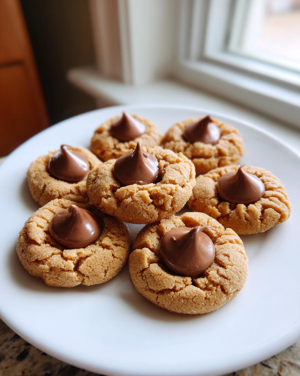 A white plate holds several freshly baked kiss cookies, each topped with a melted milk chocolate candy.