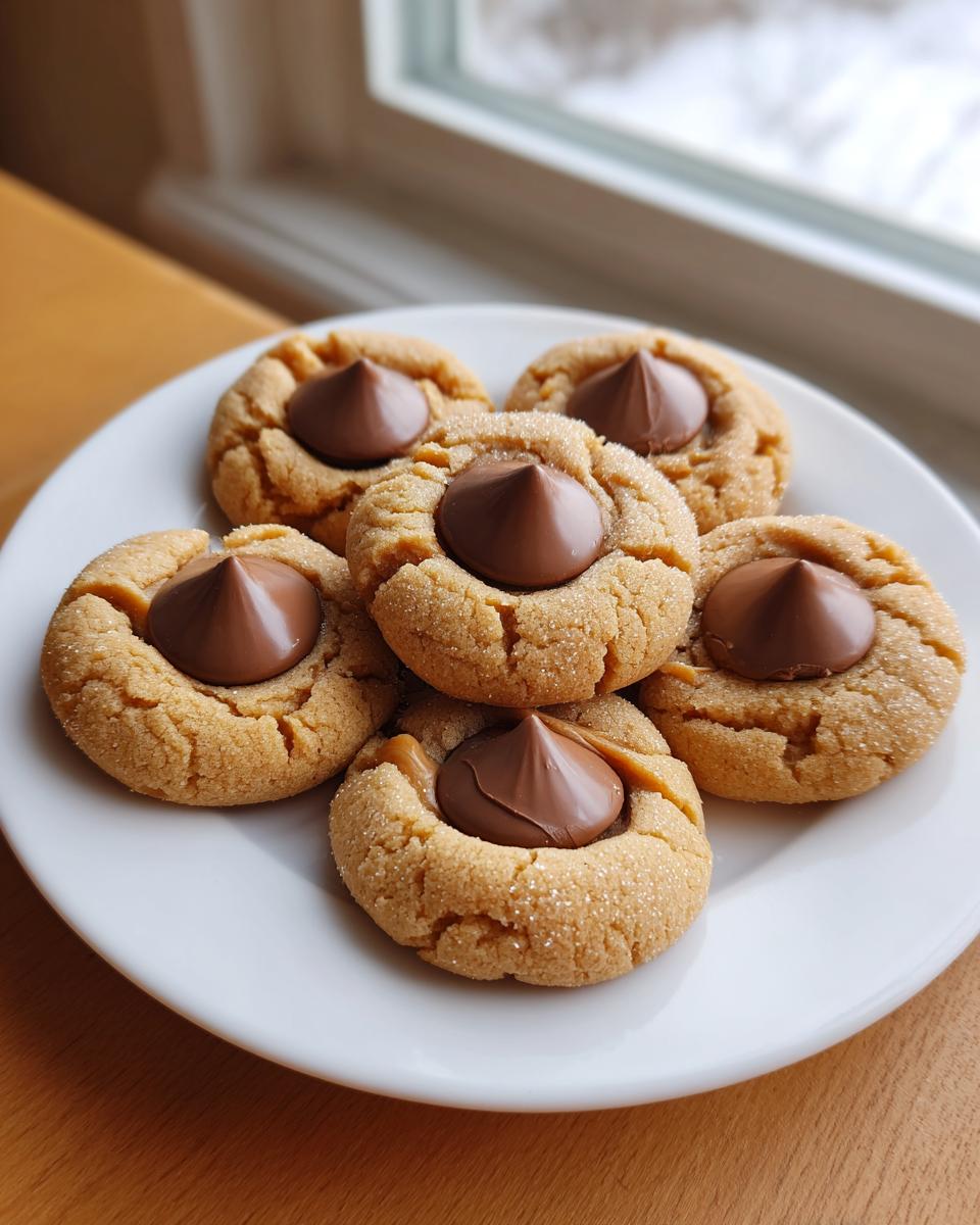 Five freshly baked kiss cookies, coated in sugar, each topped with a milk chocolate candy, displayed on a white plate.