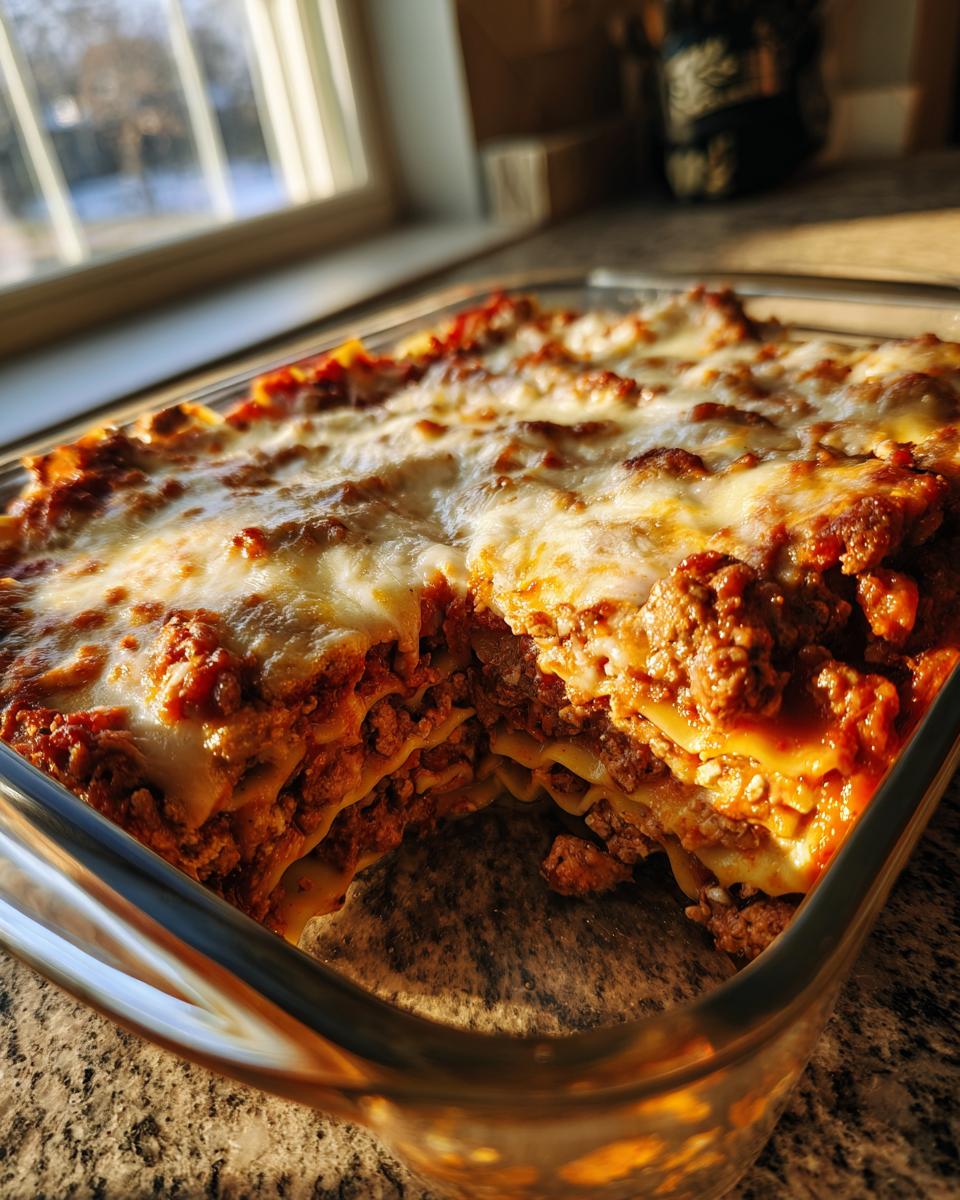 A close-up of a bubbling, cheesy lazy lasagna in a glass baking dish with a serving removed.