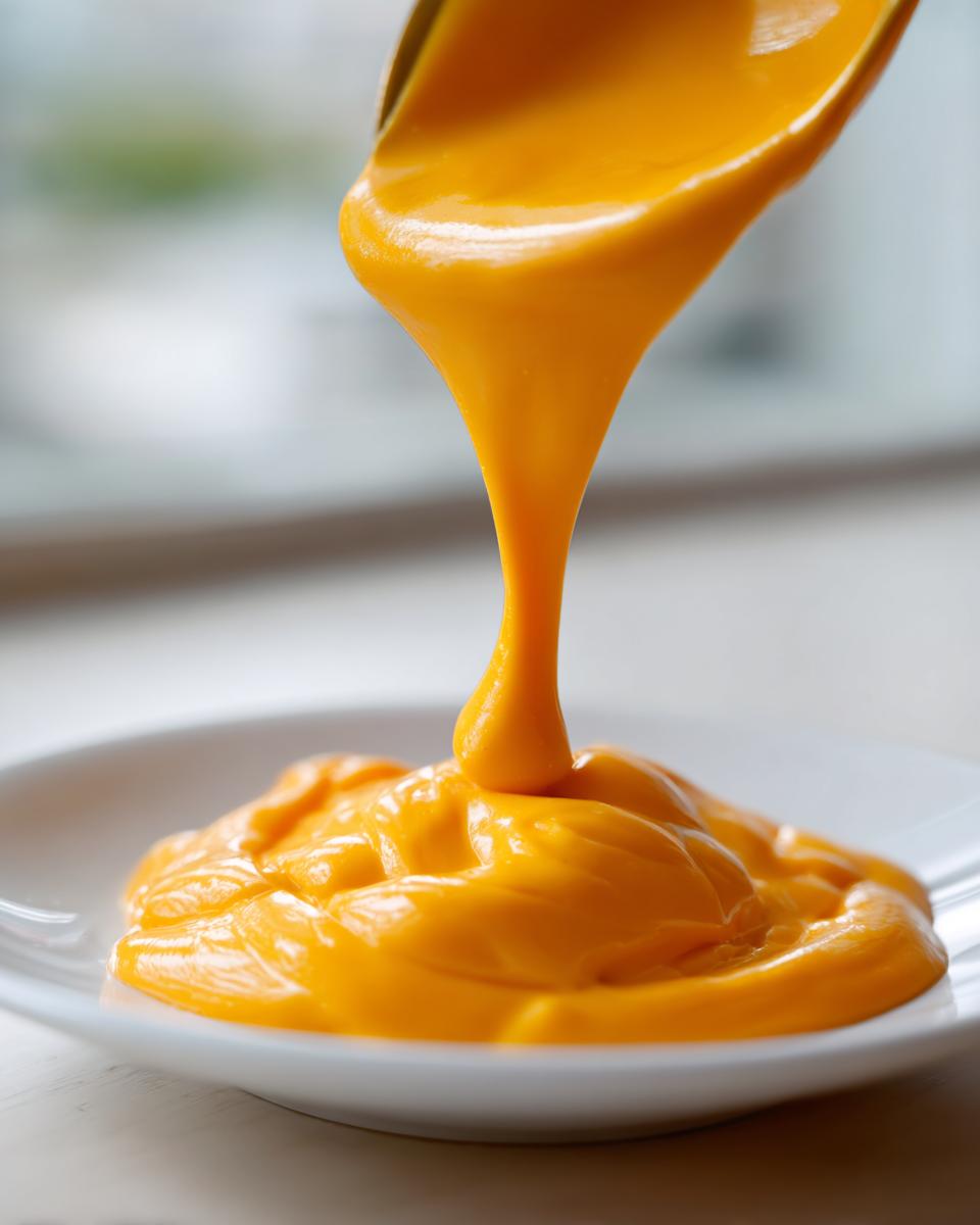 Close-up of thick, bright orange nacho cheese sauce being poured from a spoon onto a white plate.