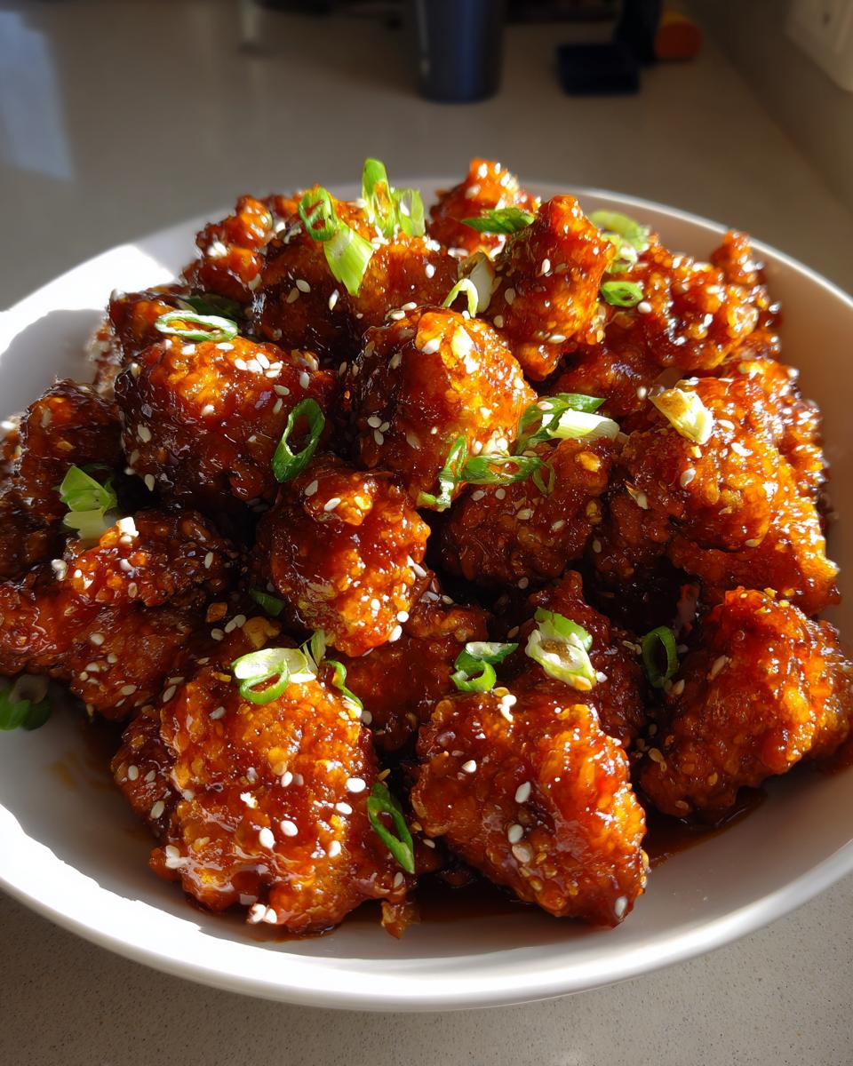 A close-up of crispy, glazed bites from an amazing orange chicken recipe, garnished with sesame seeds and green onions.
