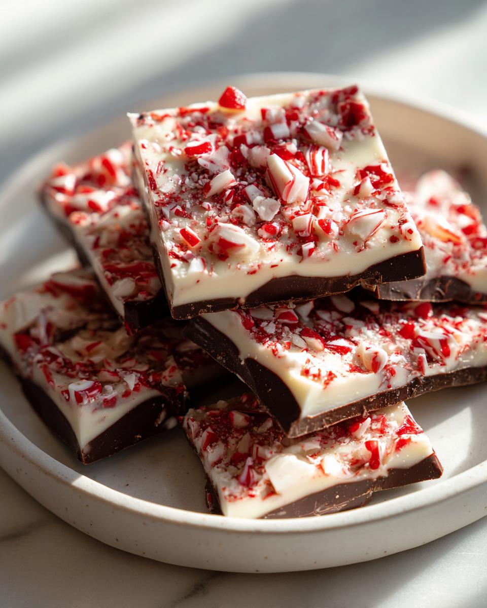 A stack of homemade peppermint bark squares featuring dark chocolate, white chocolate, and crushed candy canes.
