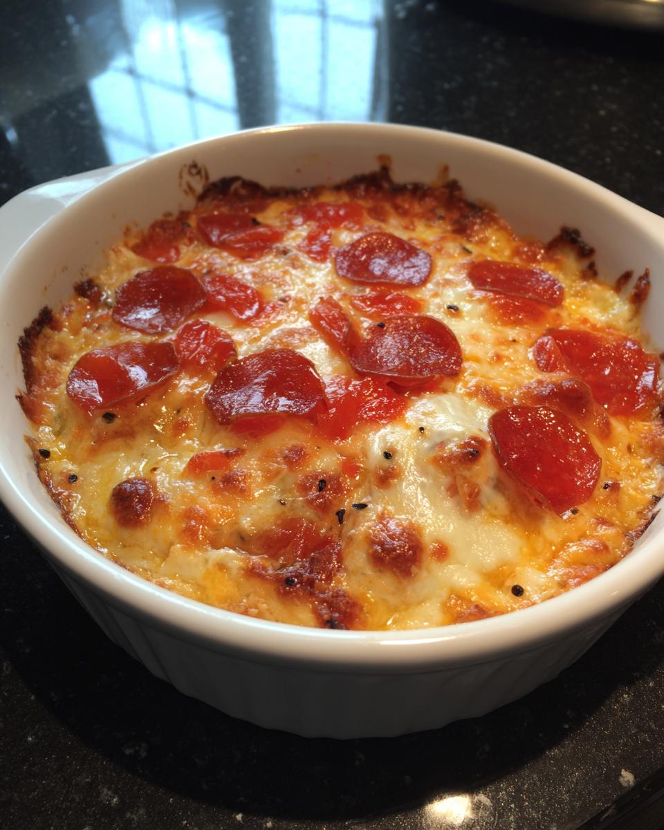 A close-up of a hot, cheesy pepperoni pizza dip baked to golden perfection in a white ramekin.